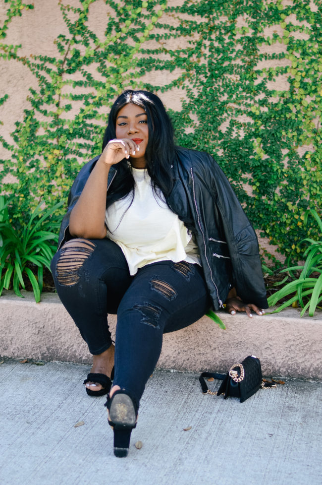 Musings of a Curvy Lady, Plus Size Fashion, Fashion Blogger, Fall Fashion, Women's Fashion, Fall Outfit Ideas, Simply Be, Who What Wear, Moto Jacket, Distressed Denim, Black Jeans, Platforms, Ruffle Top