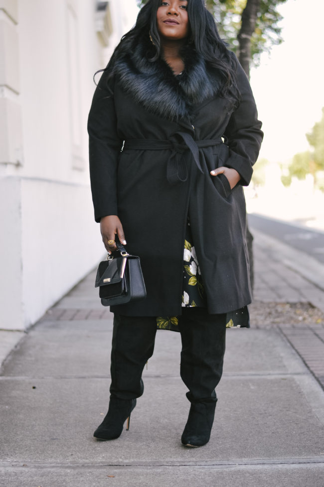 Musings of a Curvy Lady, Plus Size Fashion, Fashion Blogger, River Island, Fall Fashion, Plus Size Coat, Faux Fur Collar, Winter Fashion, Women's Black Robe Coat