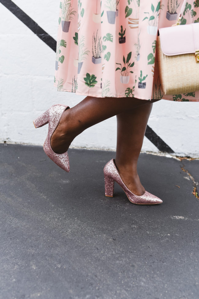 Musings of a Curvy Lady, Plus Size Fashion, Fashion Blogger, Shoes of Prey, Custom Shoes, Glitter Shoes, Block Heels, Spring Wedding Style, Office Style, Teacher Style, Cactus Print Dress, Eloquii, Women's Fashion