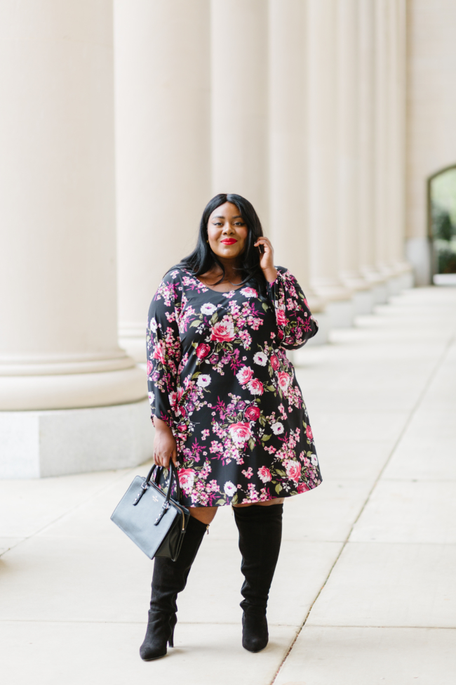 Musings of a Curvy Lady, Bloomingdale's, Karen Kane, Plus Size Fashion, Floral Prints for Fall, Dark Floral Prints, Fall Fashion, Fashion Inspo, Women's Fashion, Over the Knee Boots, Wide Calf Boots, Online Shopping