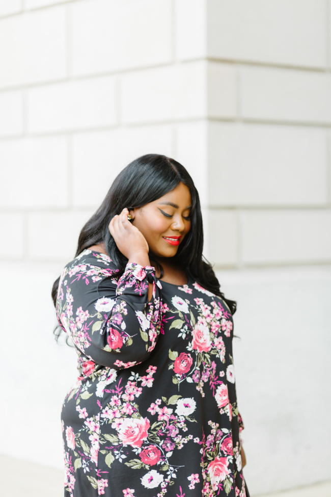 Musings of a Curvy Lady, Bloomingdale's, Karen Kane, Plus Size Fashion, Floral Prints for Fall, Dark Floral Prints, Fall Fashion, Fashion Inspo, Women's Fashion, Over the Knee Boots, Wide Calf Boots, Online Shopping