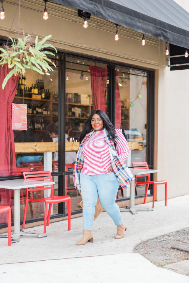 Musings of a Curvy Lady, Old Navy, Rockstar Jeans, Built-In-Warm Rockstar Jeans, Plus Size Jeans, Plus Size Denim, Fall Outfit Ideas, Red Stripe Shirt, Mix Prints Outfit, Stipes and Plaid, Suede Block Booties, Sephora 01 Cream Lip Stain, Jacksonville, Florida Blogger, New York Blogger, Miami Blogger, 