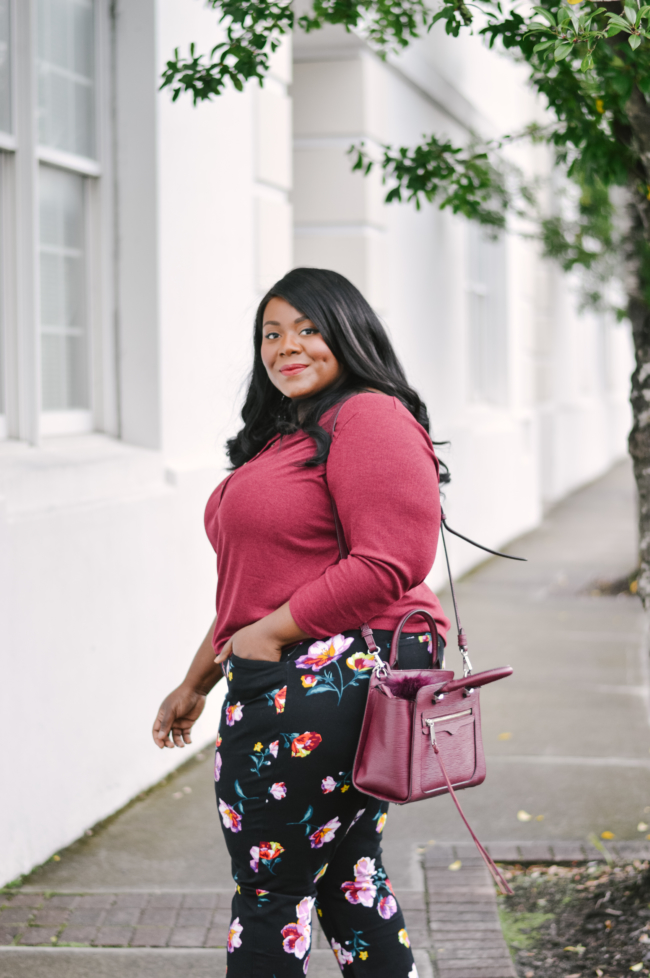 Musings of a Curvy Lady, Plus Size Fashion, Fashion Blogger, Old Navy, Pixie Pants, Floral Print Pants, Work Wear Inspiration, Women's Fashion, Velvet Block Heels, Oxblood Outfit Inspo