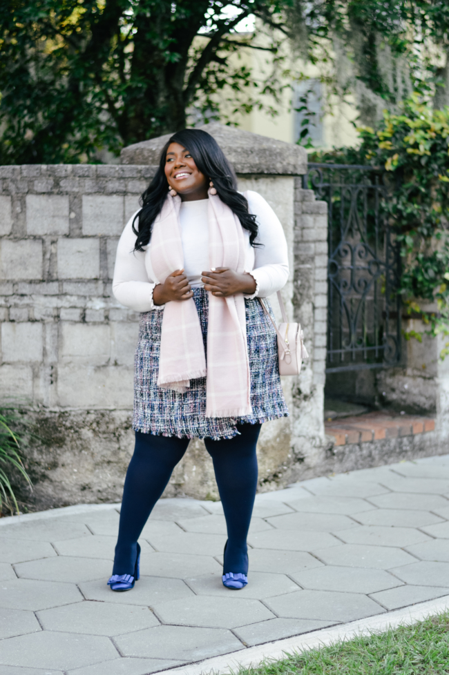 Musings of a Curvy Lady, Plus Size Fashion, Winter Fashion, Winter Outfit Ideas, LOFT, Tweed Skirt Ideas, Navy Tights, Tory Burch Block Heels, Blush and Navy Blue Outfit, Plus Size Work Outfit Ideas, Fashion Blogger