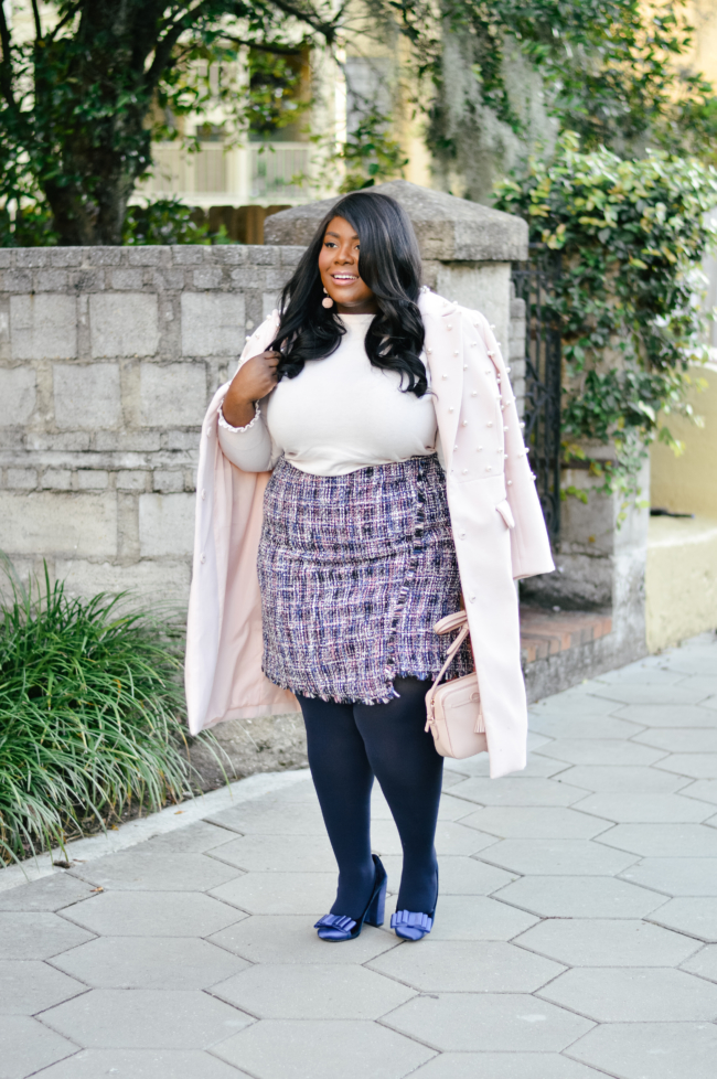 Musings of a Curvy Lady, Plus Size Fashion, Winter Fashion, Winter Outfit Ideas, LOFT, Tweed Skirt Ideas, Navy Tights, Tory Burch Block Heels, Blush and Navy Blue Outfit, Plus Size Work Outfit Ideas, Fashion Blogger