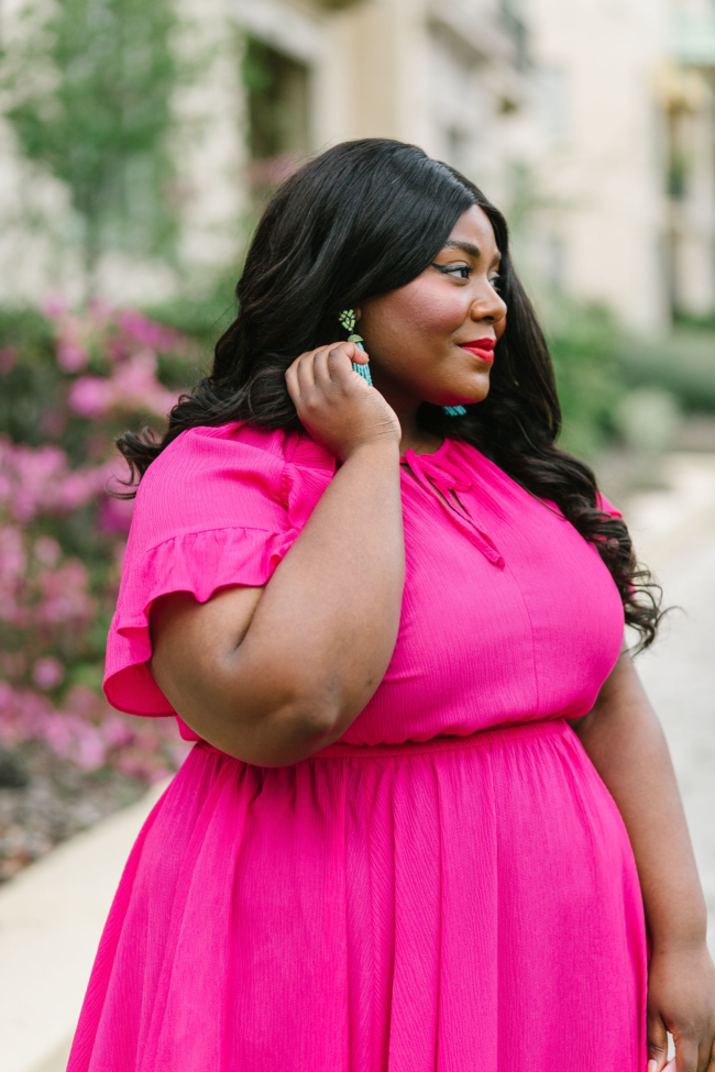 Musings of a Curvy Lady, Lane Bryant, National Dress Day, Hot Pink Dress, Plus Size Maxi Dress, Plus Size Spring Dresses, Spring Fashion Ideas, Spring Dress, Plus Size, Ruffle Dress, Cult Gaia, Turquoise and Pink Outfit