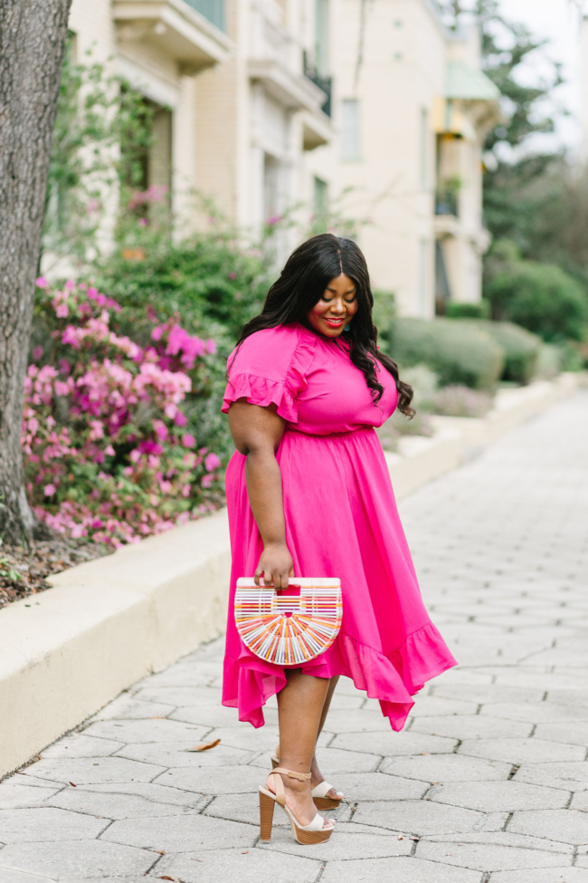 Musings of a Curvy Lady, Lane Bryant, National Dress Day, Hot Pink Dress, Plus Size Maxi Dress, Plus Size Spring Dresses, Spring Fashion Ideas, Spring Dress, Plus Size, Ruffle Dress, Cult Gaia, Turquoise and Pink Outfit