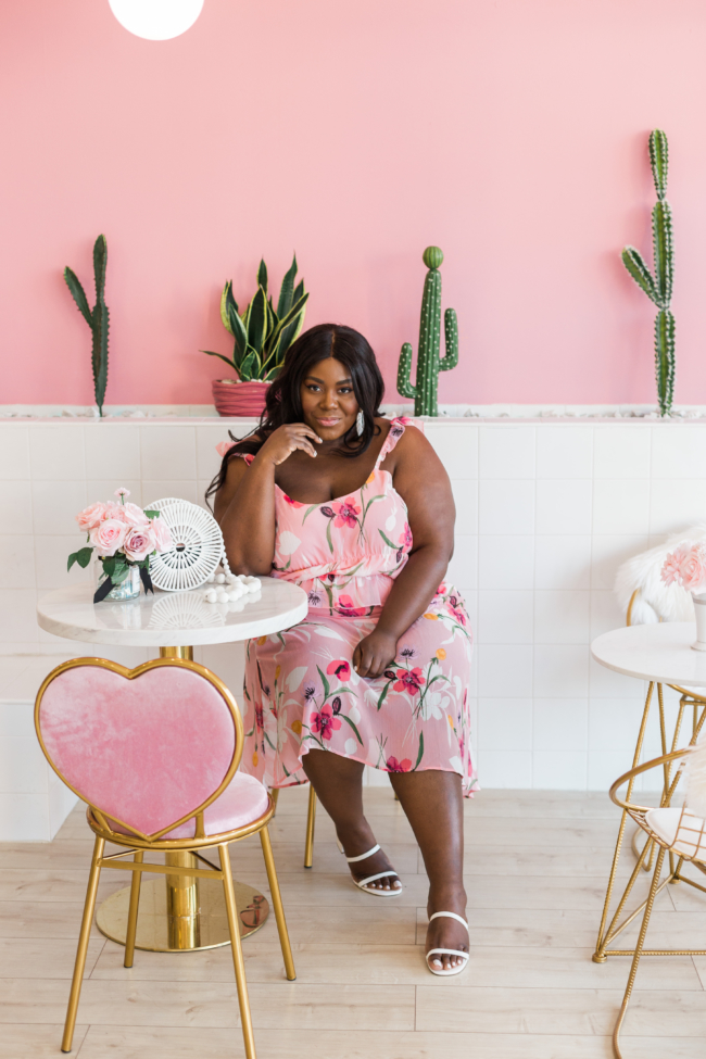 Musings of a Curvy Lady, Plus Size Fashion, Plus Size Summer Outfit, All Pink Outfit, Vacation Outfit Ideas, Pink Places, Steve Madden, Issy Sandals, Boba Tea, Jacksonville Florida, NYC Blogger, Leith Floral Chiffon Skirt, Leith Floral Chiffon Top