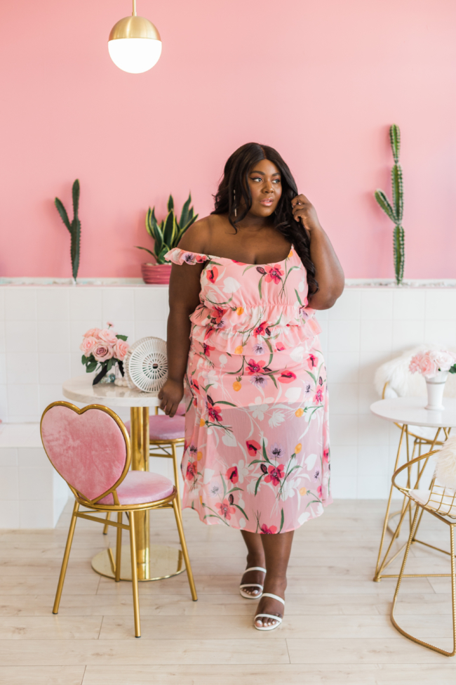 Musings of a Curvy Lady, Plus Size Fashion, Plus Size Summer Outfit, All Pink Outfit, Vacation Outfit Ideas, Pink Places, Steve Madden, Issy Sandals, Boba Tea, Jacksonville Florida, NYC Blogger, Leith Floral Chiffon Skirt, Leith Floral Chiffon Top