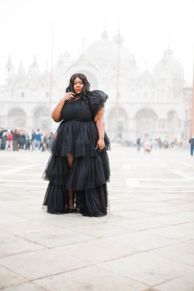 Lace and Beads Tulle Gown, Plus Size Fashion, Plus Size Gown, Venice Italy, Venice, San Marco Square, ASOS, Musings of a Curvy Lady, Kate Spade Licorice Heel, Fat Girls Traveling, Plus Model, Plus Size Model, NYC Blogger, European Blogger, Black Girls That Blog, Style, Curvy Style, Women's Fashion, Occasion wear, Plus Size Special Occasion