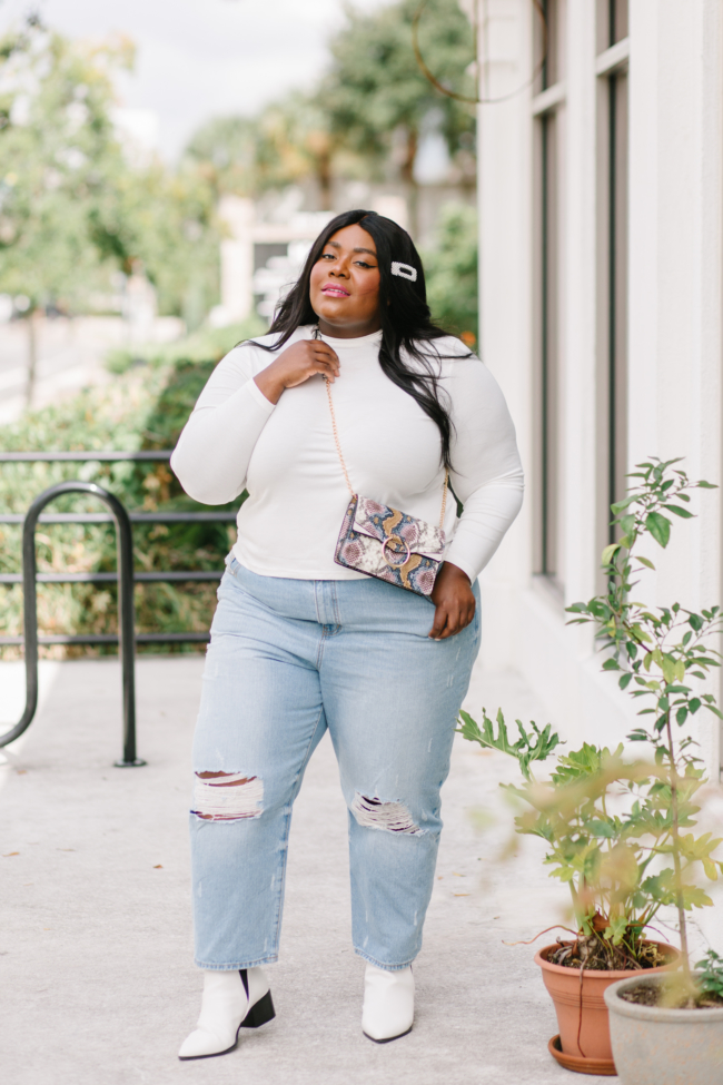 Plus Size Statement Coat + Mom Jeans + White Booties