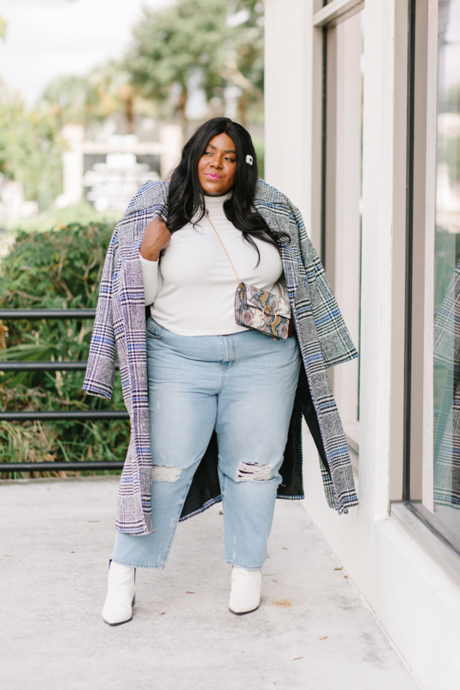 Plus Size Statement Coat + Mom Jeans + White Booties