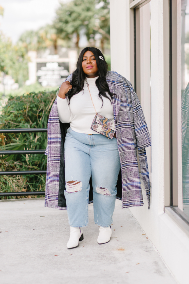 Plus Size Statement Coat + Mom Jeans + White Booties | Musings of a Curvy  Lady