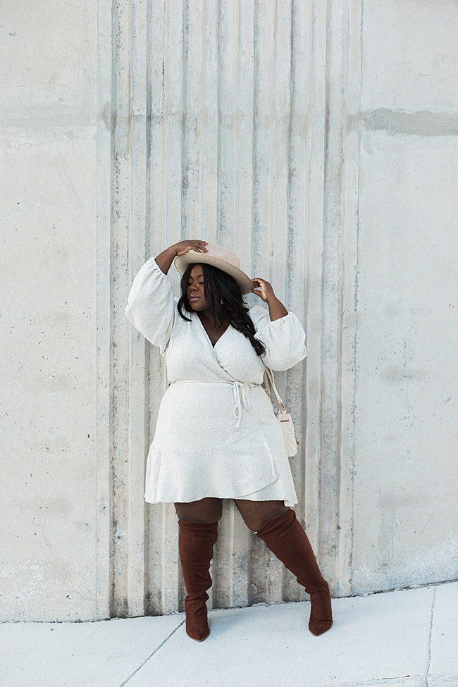 Anthropologie, A+ Anthropologie, Plus Size Fashion, Diana Mini Wrap Dress, Gigi Pip, Over the Knee Boots, Wide Calf Boots