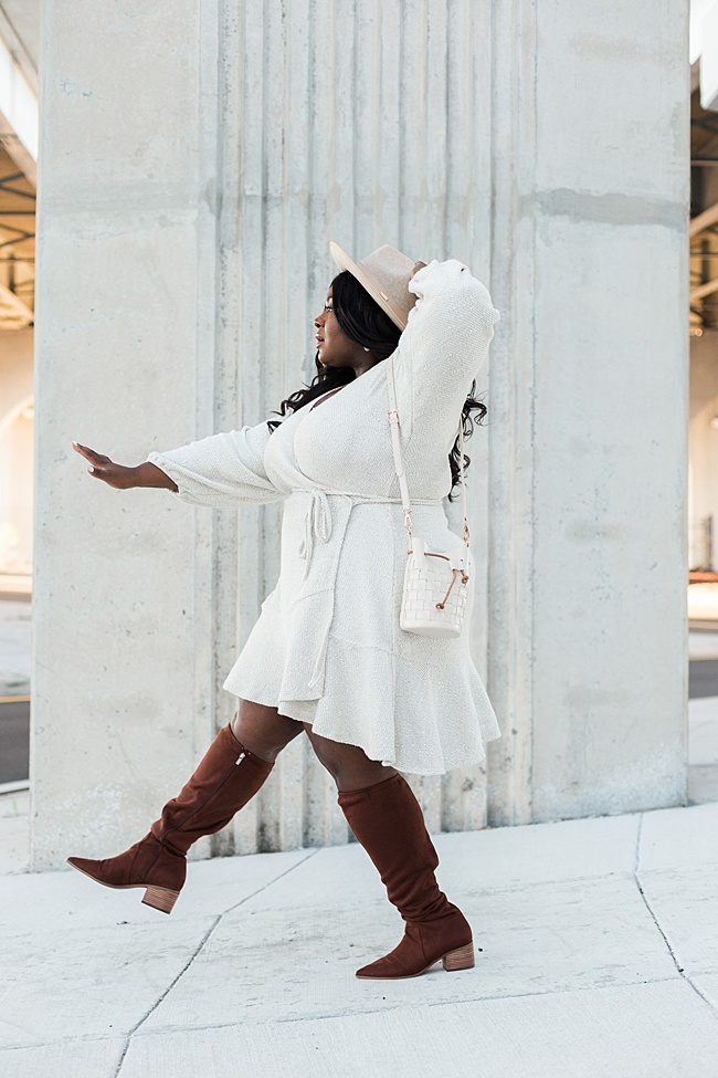 Anthropologie, A+ Anthropologie, Plus Size Fashion, Diana Mini Wrap Dress, Gigi Pip, Over the Knee Boots, Wide Calf Boots