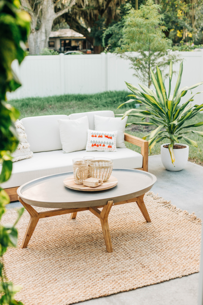 Bed Bath and Beyond, Outdoor Living Space, DIY Patio, Teak 3 Seat Sofa, Home and Decor, Lifestyle Blogger, Southern Living Magazine, Boho Inspired Patio, Spanish Moss, Rattan Furniture, Seagrass Pitcher, Seagrass Bowl, Backyard Inspiration, At Home, Quarantine Home Project