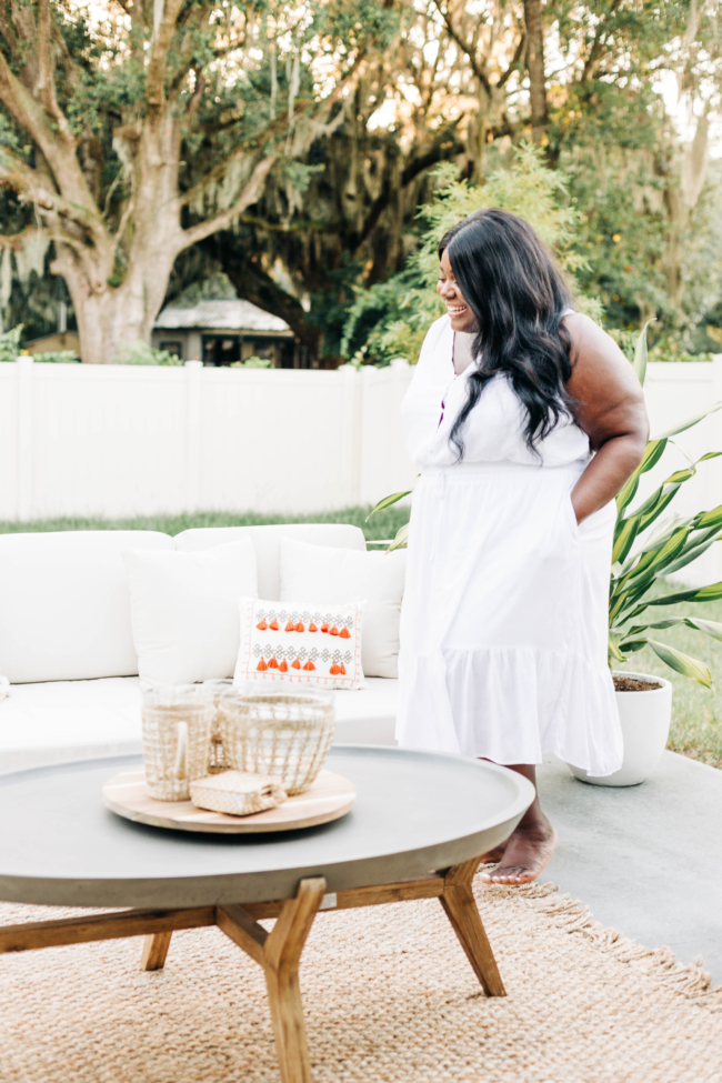 Bed Bath and Beyond, Outdoor Living Space, DIY Patio, Teak 3 Seat Sofa, Home and Decor, Lifestyle Blogger, Southern Living Magazine, Boho Inspired Patio, Spanish Moss, Rattan Furniture, Seagrass Pitcher, Seagrass Bowl, Backyard Inspiration, At Home, Quarantine Home Project