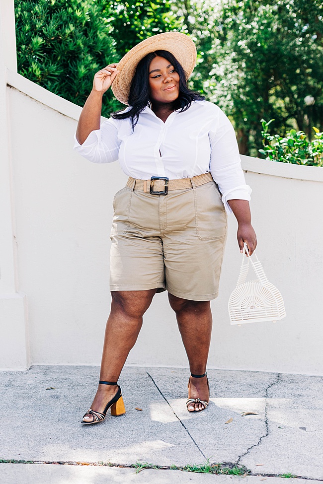Lane Bryant, Safari Style, White Button Down Shirt, Bermuda Shorts, Lack of Color Palma Wide Brim Hat, Woven Belt, Plus Size Fashion, Summer Style, Women's Fashion
