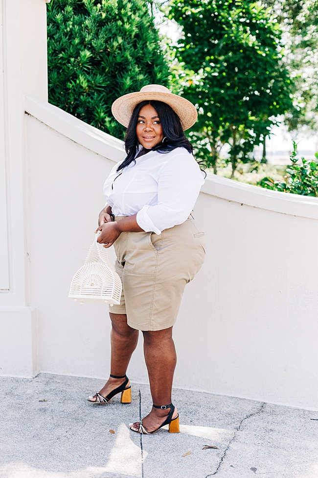 Lane Bryant, Safari Style, White Button Down Shirt, Bermuda Shorts, Lack of Color Palma Wide Brim Hat, Woven Belt, Plus Size Fashion, Summer Style, Women's Fashion