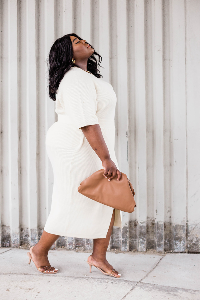 Anthropologie, Plus Size Fashion, All White Outfit, Musings of a Curvy Lady, Saturday/Sunday, Cozy Dress, Cozy Sweater Set, Dumpling Bag, Amazon Fashion, Steve Madden Loft Heels