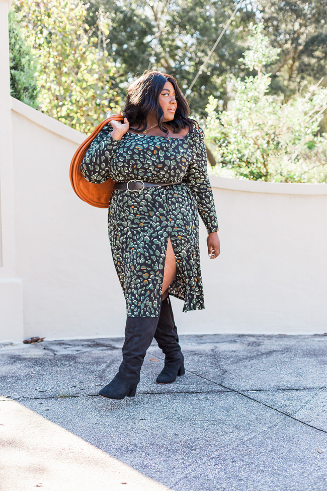 Plus Size Model, Eloquii Puff Sleeve Square Neck Dress, Plus Size Winter Fashion, Wide Calf Boot, Wide Calf Knee Boots