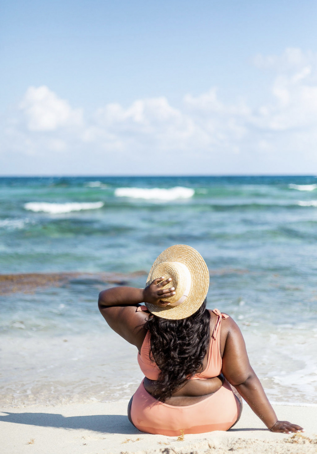 Girl Sitting On Beach in Tulum, Plus Size Bathing Suit