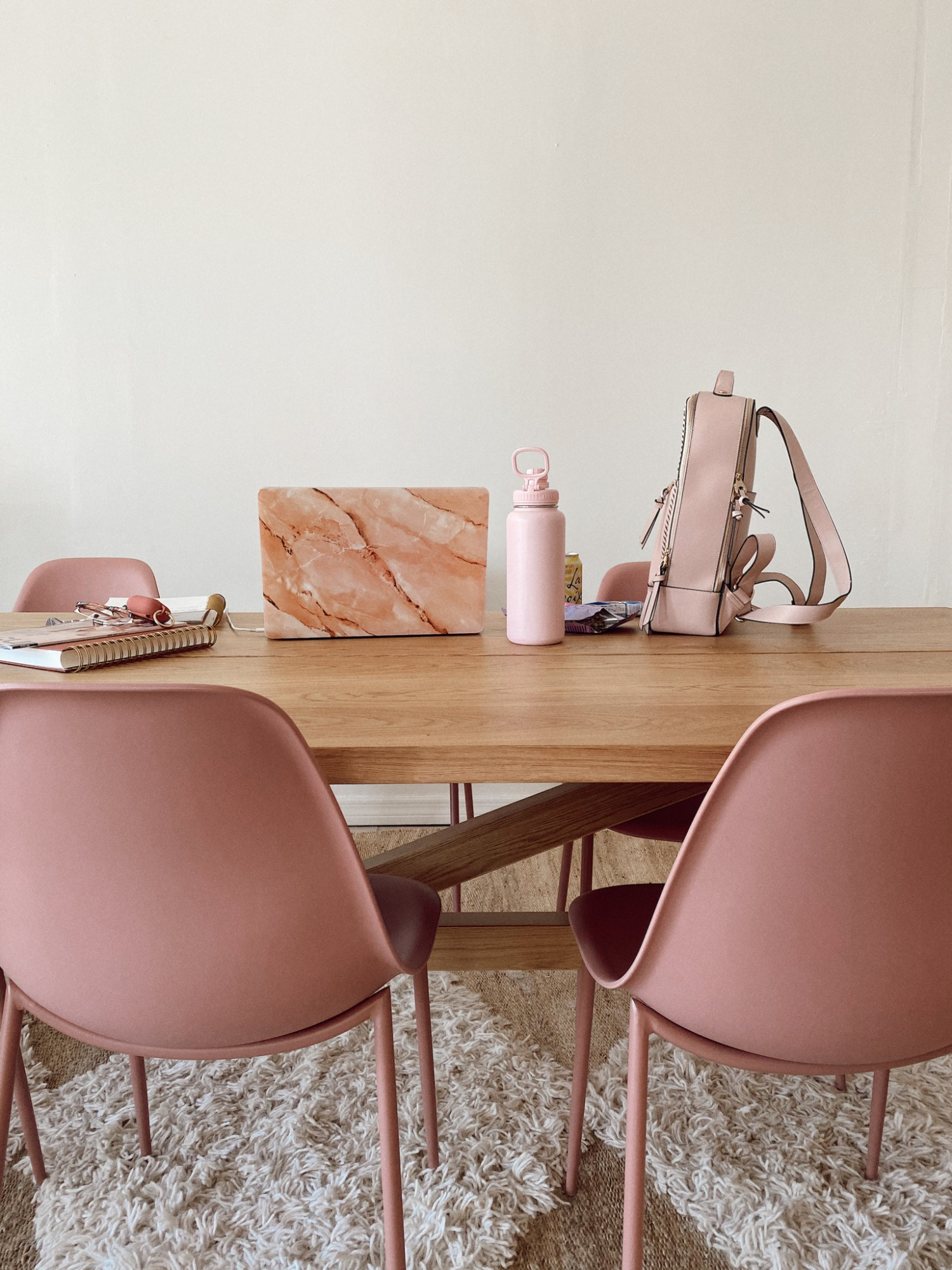 Pink Waterbottle, Golden Coil Notebook, Working from Home, Pink Office, Pink chairs, Article Chairs, Burga Phone Case, Burga Laptop Case, MacBook Pro, Calpak Laptop Backpack, Coworking Space, Female Entrepreneur, Black Girls That Blog, Content Creator, Pink office inspiration