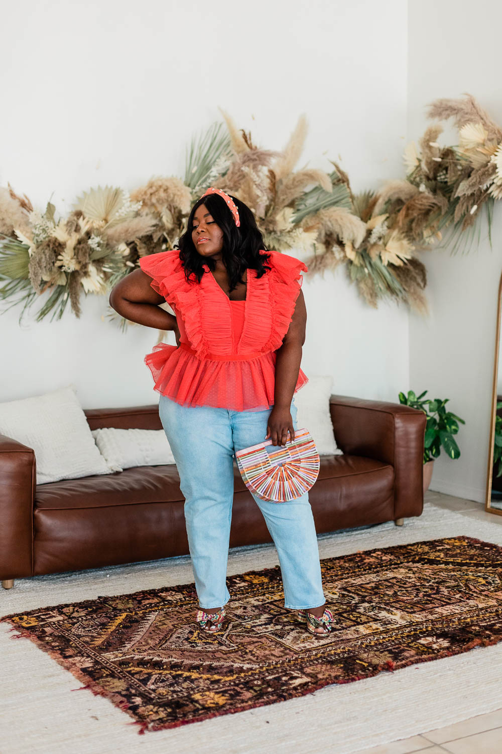 Anthropologie Pleated Tulle Blouse, Forever 21 Plus Size Straight Leg Jeans, Loeffler Randall Penny Bow Mules, Anthropologie Embellished Twist Knot Headband, Thamarr Musings of a Curvy Lady 