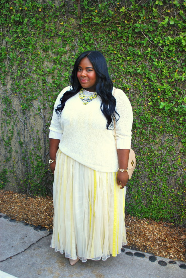 Maxi Skirt, Fashion Blogger, Romantic, Fall Fashion, Musings of a Curvy Lady, Plus Size Blogger, Pleated Skirt, Long Hair, Wavy Hair, cream outfits, women's fashion