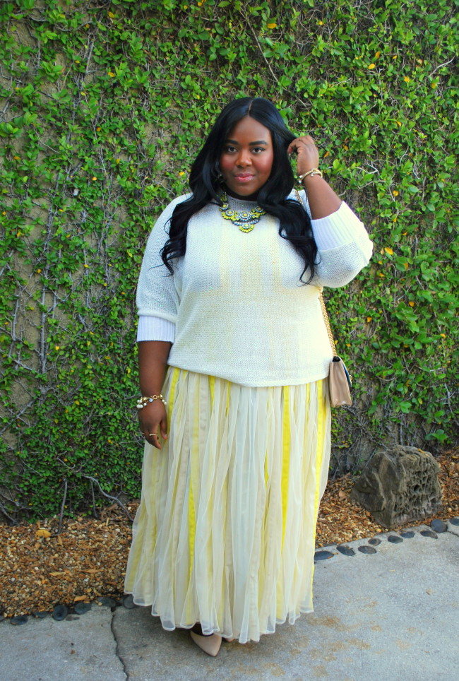 Maxi Skirt, Fashion Blogger, Romantic, Fall Fashion, Musings of a Curvy Lady, Plus Size Blogger, Pleated Skirt, Long Hair, Wavy Hair, cream outfits, women's fashion