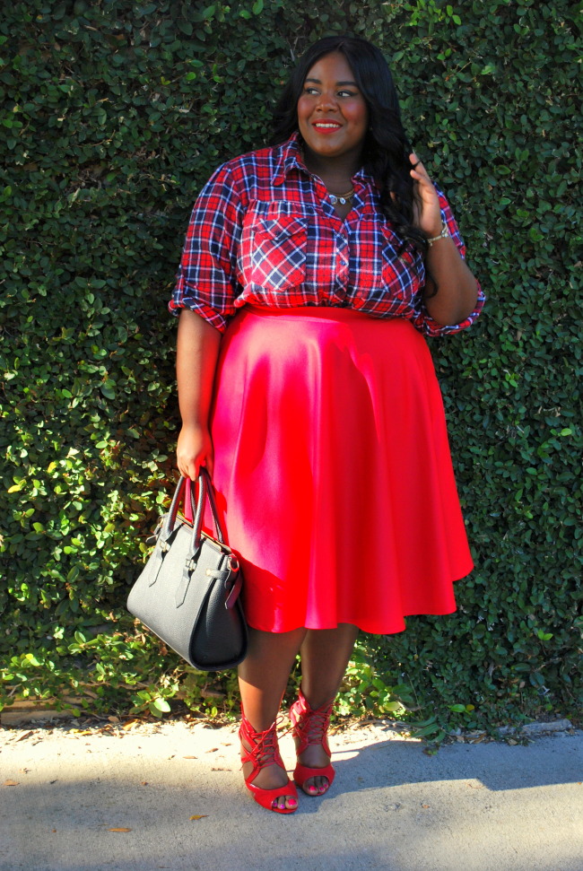 plaid outfit, plus size fashion, fashion blogger, full skirt, long hair, fall outfit 