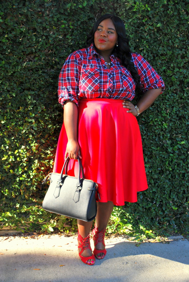 plaid outfit, plus size fashion, fashion blogger, full skirt, long hair, fall outfit 