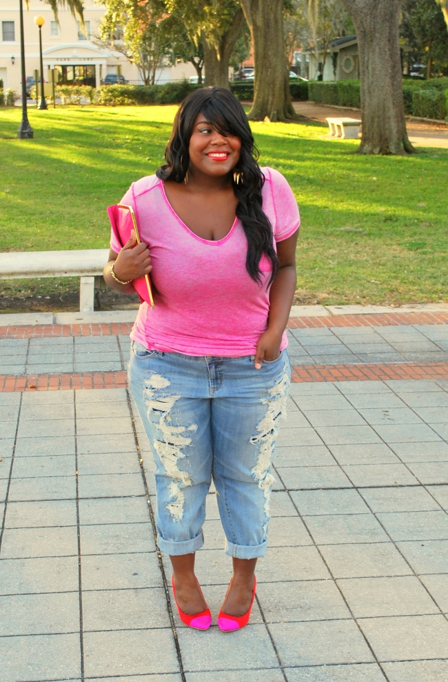 Musings of a Curvy Lady, Plus Size Fashion, Fashion Blogger, Fashion Blog, PS Fashion Blog, Mean Girls, Distressed Boyfriend Jeans, Shoemint, Torrid, On Wednesdays We Wear Pink