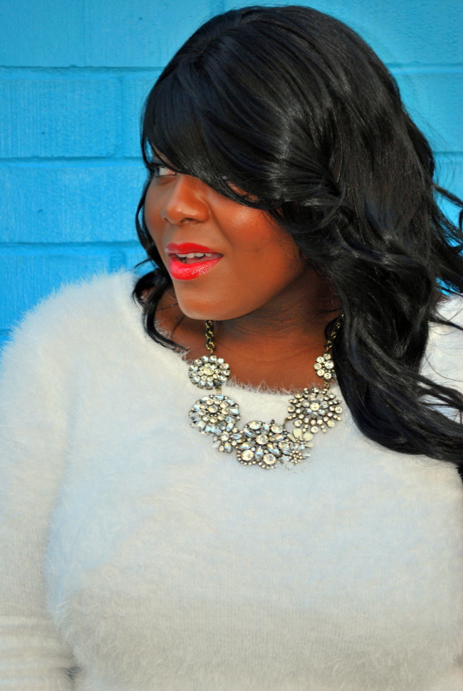 Musings of a Curvy Lady, Plus Size Fashion, Fashion Blogger, Florida, All white outfit, fuzzy sweater, metallic pumps, statement necklace