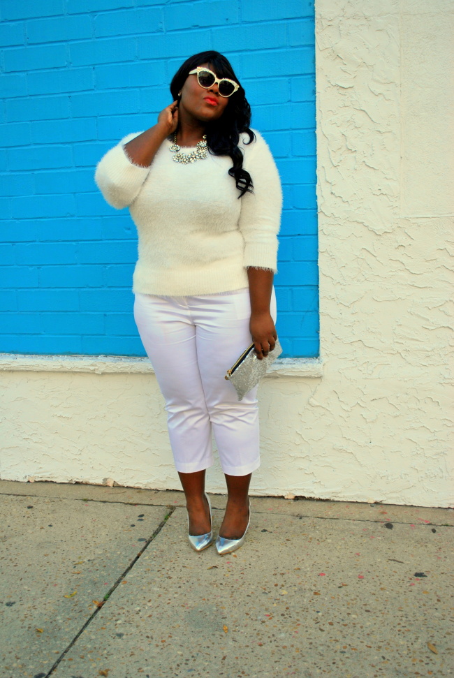 Musings of a Curvy Lady, Plus Size Fashion, Fashion Blogger, Florida, All white outfit, fuzzy sweater, metallic pumps, statement necklace