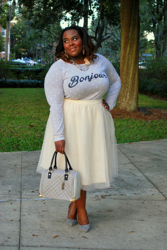 Plus Size Fashion, Fashion Blogger, Tulle Skirt, Grey, Polka Dots, Modestly Dressed