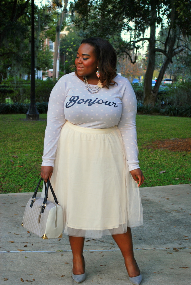 Plus Size Fashion, Fashion Blogger, Tulle Skirt, Polka Dots, Grey