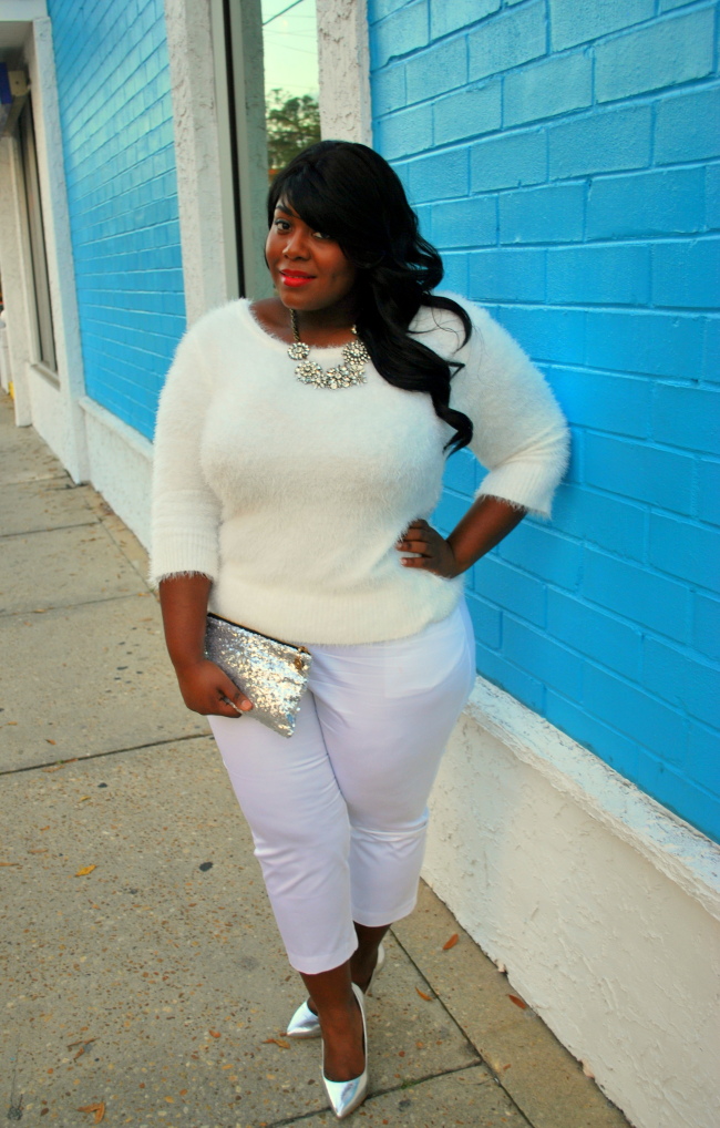 Musings of a Curvy Lady, Plus Size Fashion, Fashion Blogger, Florida, All white outfit, fuzzy sweater, metallic pumps, statement necklace