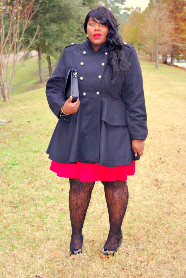 Musings of Curvy Lady, Fashion Blog, Plus Size Fashion Blogger, Military Coat, lace tights