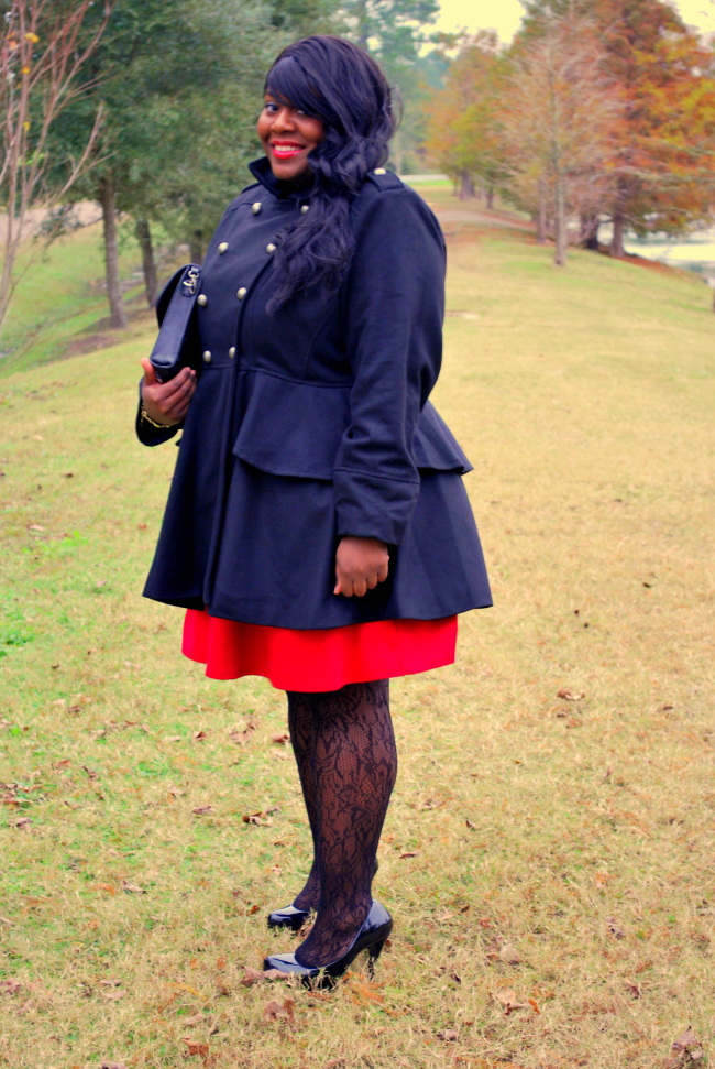 Musings of Curvy Lady, Fashion Blog, Plus Size Fashion Blogger, Military Coat, lace tights