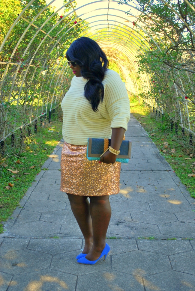 Musings of a Curvy Lady, Plus Size Fashion, PS fashion blog, PS Blogger, Sequined Skirt, Blue suede shoes, casual chic, plus size skirts