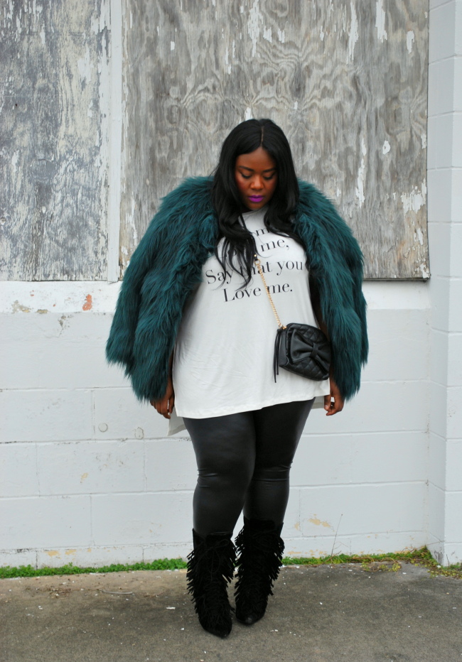 Musings of a Curvy Lady, Fashion Blogger, Fashion Blog, Plus Size Fashion Blog, Plus Size Fashion, OOTD, Ashley Stewart, Faux Fur, Simply Be, Living Dolls LA, Leather Leggings, Fringe Boots, Shoe Dazzle, Lyrics, Quilted Crossover Bag, Matte lip stick