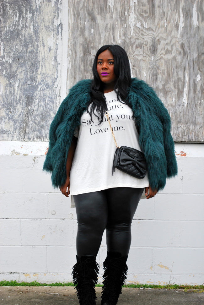 Musings of a Curvy Lady, Fashion Blogger, Fashion Blog, Plus Size Fashion Blog, Plus Size Fashion, OOTD, Faux Fur, Simply Be, Living Dolls LA, Leather Leggings, Fringe Boots, Shoe Dazzle, Lyrics, Quilted Crossover Bag, Matte lip stick