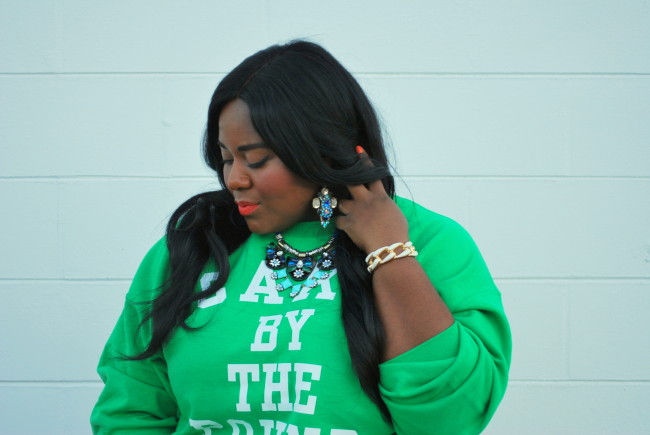 DSC_0009Musings of a Curvy Lady, Fashion Blogger, Plus Size Fashion, PS Blogger, OOTD, Casual Outfit, Sneakers with Skirt, Striped Skirt, Beyonce, Cake By The Pound Sweatshirt, ShoeDazzle, Fashion Sneakers, Stella and Lou, Statement Jewelry 