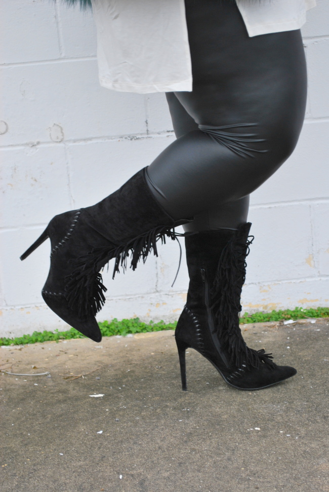 Musings of a Curvy Lady, Fashion Blogger, Fashion Blog, Plus Size Fashion Blog, Plus Size Fashion, OOTD, Ashley Stewart, Faux Fur, Simply Be, Living Dolls LA, Leather Leggings, Fringe Boots, Shoe Dazzle, Lyrics, Quilted Crossover Bag, Matte lip stick