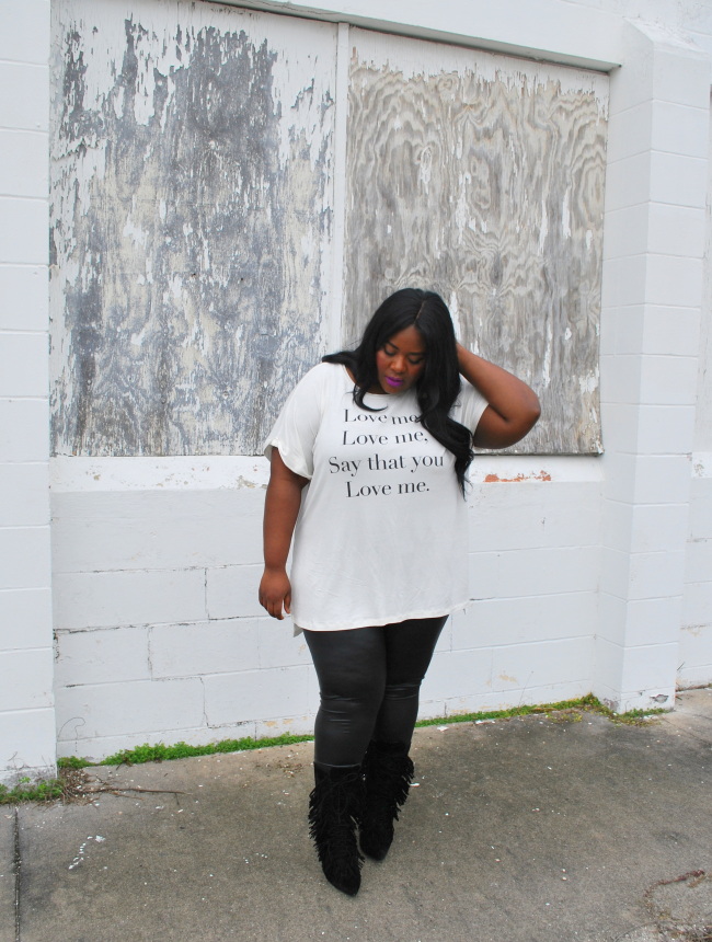 Musings of a Curvy Lady, Fashion Blogger, Fashion Blog, Plus Size Fashion Blog, Plus Size Fashion, OOTD, Ashley Stewart, Faux Fur, Simply Be, Living Dolls LA, Leather Leggings, Fringe Boots, Shoe Dazzle, Lyrics, Quilted Crossover Bag, Matte lip stick