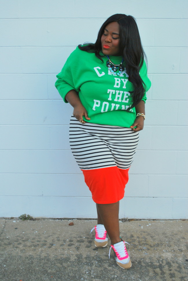 Musings of a Curvy Lady, Fashion Blogger, Plus Size Fashion, PS Blogger, OOTD, Casual Outfit, Sneakers with Skirt, Striped Skirt, Beyonce, Cake By The Pound Sweatshirt, ShoeDazzle, Fashion Sneakers, Stella and Lou, Statement Jewelry