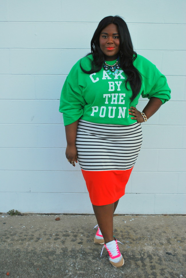 Musings of a Curvy Lady, Fashion Blogger, Plus Size Fashion, PS Blogger, OOTD, Casual Outfit, Sneakers with Skirt, Striped Skirt, Beyonce, Cake By The Pound Sweatshirt, ShoeDazzle, Fashion Sneakers, Stella and Lou, Statement Jewelry