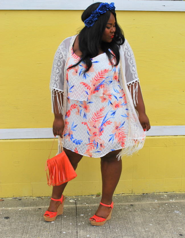 Musings of a Curvy Lady, Fashion Blogger, Fashion Blogger, Festival Fashion, Nochella, Flower Crown, Fringe Kimona, Lace Kimona, Wedges, Charlotte Russe Plus, Charlotte Russe