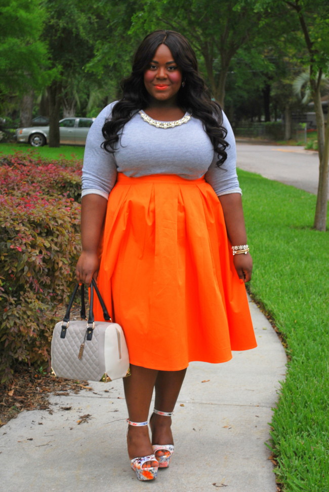 Musings of a Curvy Lady, Plus Size Fashion, Plus Size Blogger, Fashion Blogger, Tangerine Dream, Midi Skirt, Midi Moment, Eloquii, #XOQ, Pink Clubwear, Embellished Sweatshirt, ShoeDazzle, Wedges,  Grey and Orange, Bella Dream Hair, Women's Fashion